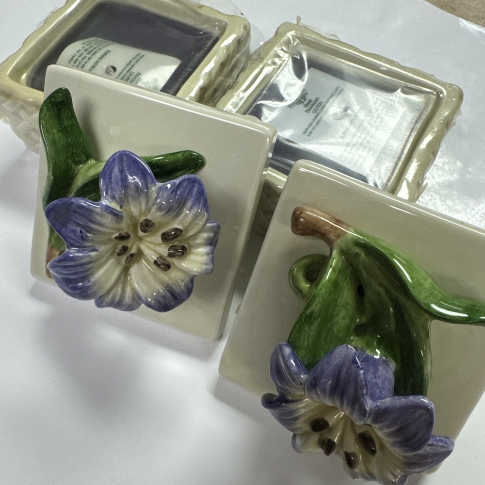 Fitz and Floyd Morning Glory Lily Ceramic Candle Holders Set of 2 Purple White